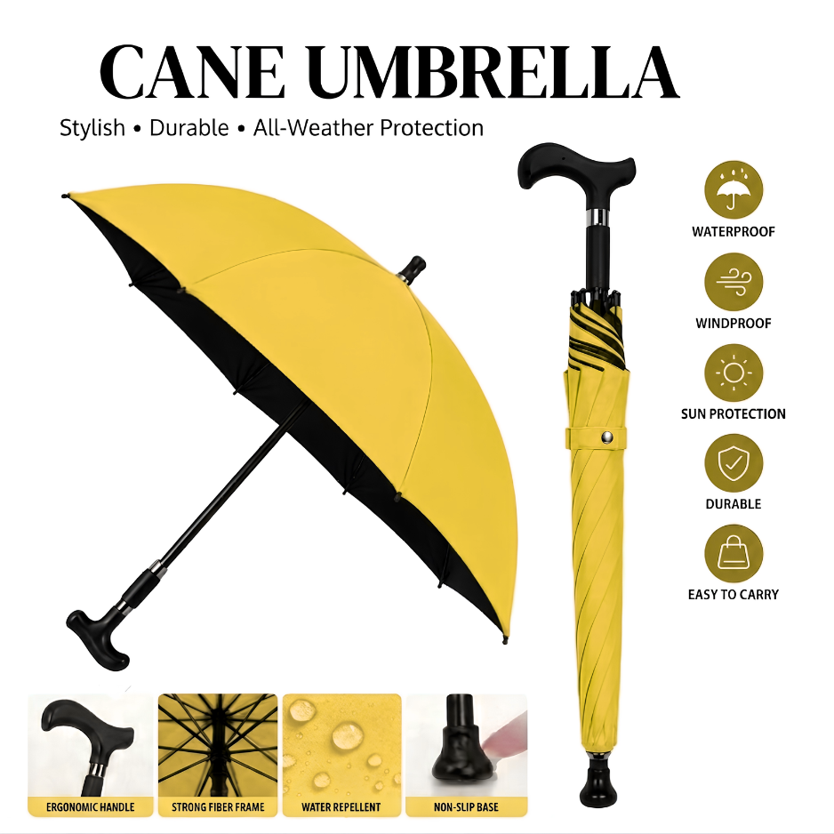 All-Weather Ergonomic Cane Umbrella: Heavy-Duty Windproof Design with Non-Slip Base for Maximum Stability