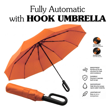 Ultimate Windproof 10-Rib Auto Umbrella: 3-Fold Heavy-Duty Protection with Ergonomic Hook Handle and Black Backing